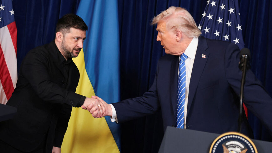 U.S. President Donald Trump and Ukrainian President Volodymyr Zelenskiy shake hands during a press conference after their lunch meeting at Trump’s Mar-a-Lago club, in Palm Beach, Florida, U.S., December 28, 2025. REUTERS/Jonathan Ernst