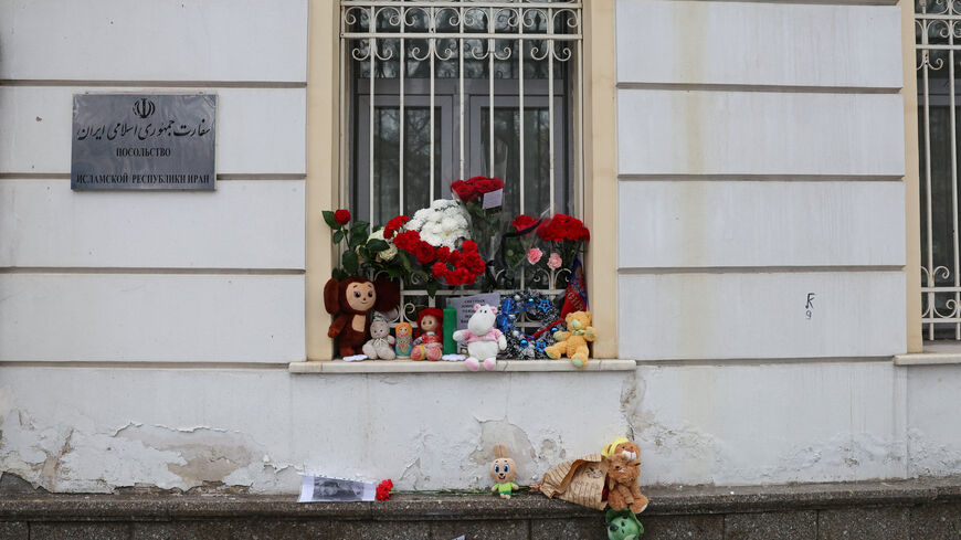 Flowers and toys are placed outside the Iranian Embassy following strikes by the U.S. and Israel on Iran, in Moscow, Russia, March 1, 2026. REUTERS/Anastasia Barashkova