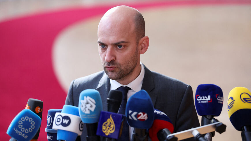 French Foreign Minister Jean-Noel Barrot speaks to the media on the day of the European Union's Foreign Affairs Council meeting in Brussels, Belgium, March 16, 2026. REUTERS/Omar Havana
