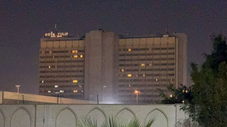 The Al-Rasheed Hotel in Baghdad's Green Zone after a reported drone attack, according to security sources, in Baghdad, Iraq, March 16, 2026. REUTERS/Stringer