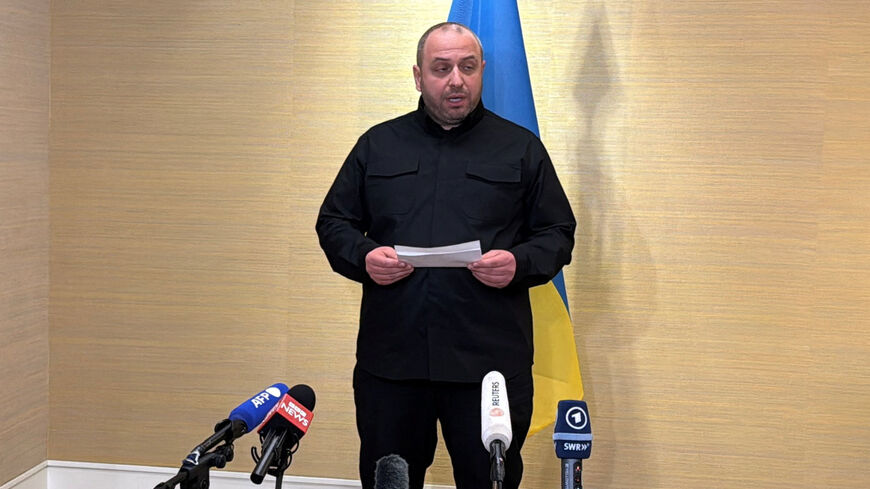 Secretary of the National Security and Defence Council of Ukraine Rustem Umerov speaks to members of the media after a meeting on the second day of the third round of trilateral talks between Ukraine, Russia and the U.S., amid Russia's attack on Ukraine, in Geneva, Switzerland, February 18, 2026. Picture taken with a mobile phone. REUTERS/Cecile Mantovani