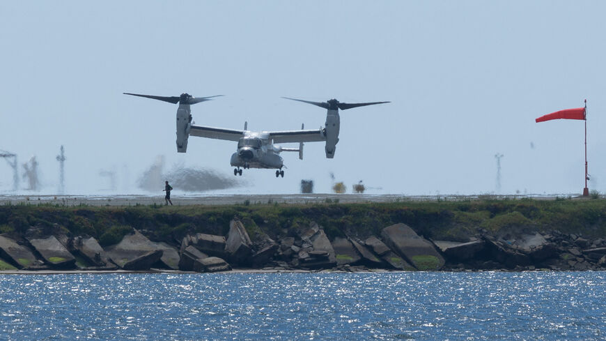 A Navy V-22 Osprey aircraft approaches to land at Naval Air Station North Island in San Diego, California, U.S., March 2, 2026. REUTERS/Mike Blake