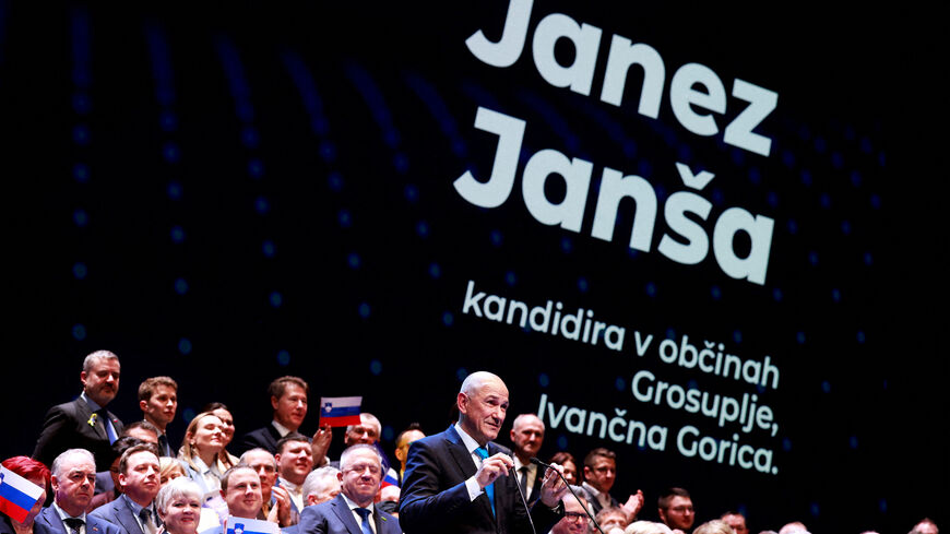FILE PHOTO: President of the Slovenian Democratic Party (SDS), Janez Jansa, presents the party's candidates and announces the election programme at a party congress ahead of national elections, in Ljubljana, Slovenia, February 21, 2026. REUTERS/Borut Zivulovic/File Photo