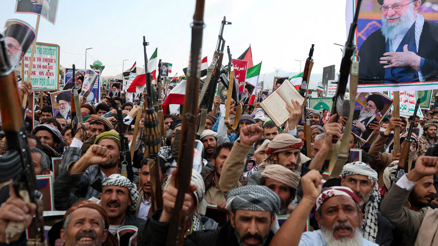 People attend at a protest against Israel and the U.S. strikes on Iran, following the killing of Ali Khamenei, in Sanaa, Yemen. REUTERS/Khaled Abdullah