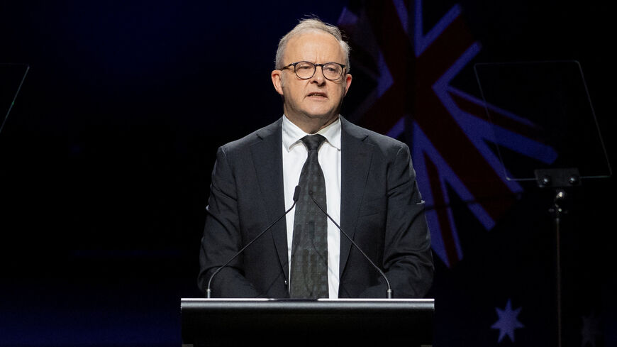 FILE PHOTO: Australian Prime Minister Anthony Albanese speaks at the Sydney Opera House during a National Day of Mourning for the victims of the December 14, 2025, mass shooting at a Jewish Hanukkah celebration at Bondi Beach, in Sydney, Australia, January 22, 2026. REUTERS/Jeremy Piper/File Photo