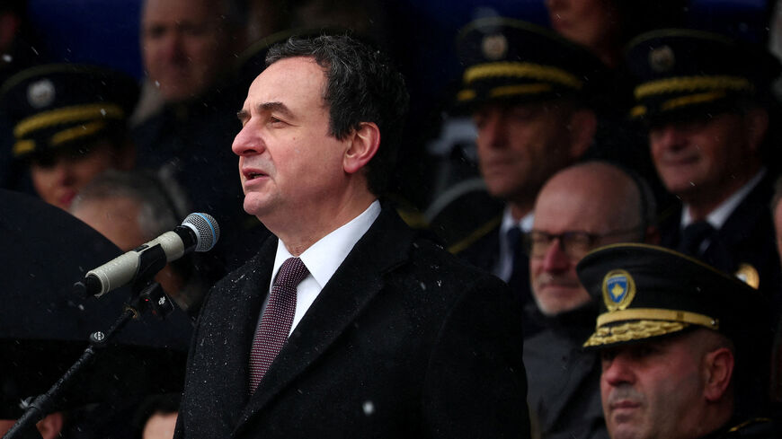 FILE PHOTO: Kosovo's Prime Minister Albin Kurti delivers his speech at a parade during celebrations of the 18th anniversary of Kosovo independence in Pristina, Kosovo, February 17, 2026. REUTERS/Florion Goga/File Photo