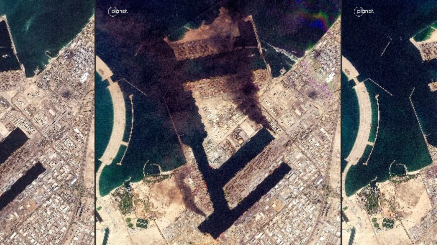 This sequence of Planet Labs satellite images shows Dubai's Jebel Ali commercial port before and after it was hit by an Iranian attack