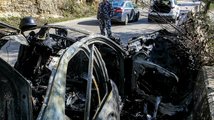 The husk of a destroyed vehicle used by journalists killed by Israel in south Lebanon