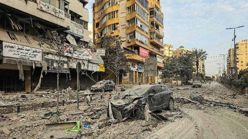 Debris litters a Beirut street after the latest  Israeli night time airstrikes in the south of the Lebanese capital