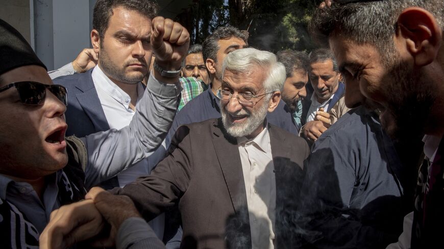 Saeed Jalili, the radical presidential candidate of Iran, among supporters at Shahada airport on July 2, 2024.