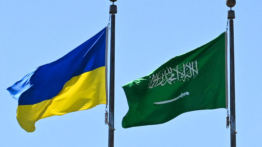 Flags of Saudi Arabia and Ukraine line the King Abdulaziz Road in the Saudi Red Sea port city of Jeddah ahead of a visit by the Ukrainian President on March 10, 2025. Ukraine's President Volodymyr Zelensky is due to arrive in Saudi Arabia on March 10, a day ahead of crucial talks between Ukrainian and US officials on ending the war with Russia. (Photo by Amer HILABI / AFP) (Photo by AMER HILABI/AFP via Getty Images)