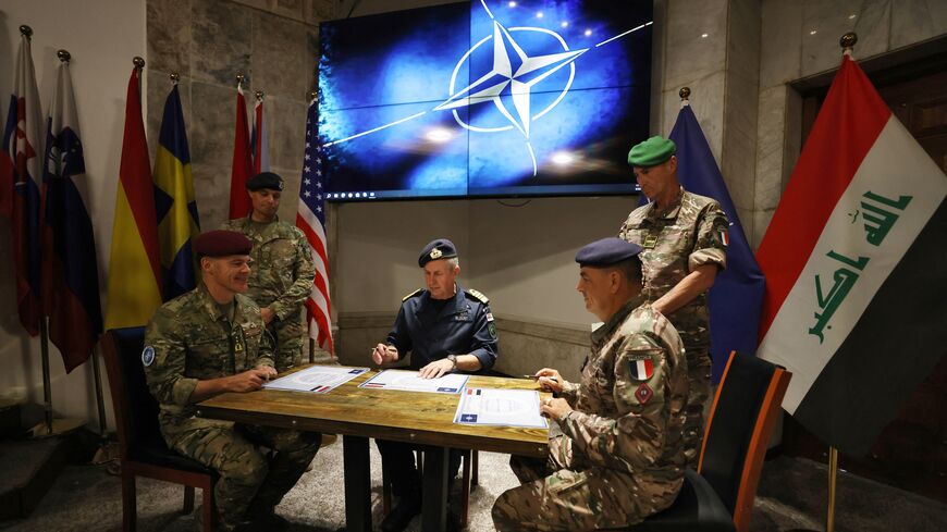 A handing over of command ceremony at Union III Camp in the Green Zone of the Iraqi capital, Baghdad, on May 22, 2025. 