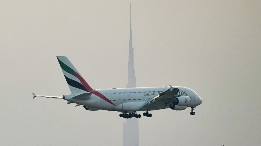 An Emirates Airbus A380 passenger aircraft prepares for landing at Dubai International Airport in Dubai on March 8, 2026.