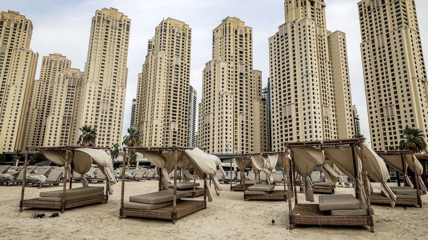 Empty beds along the beach at a high-rise complex in Dubai, March 11, 2026.