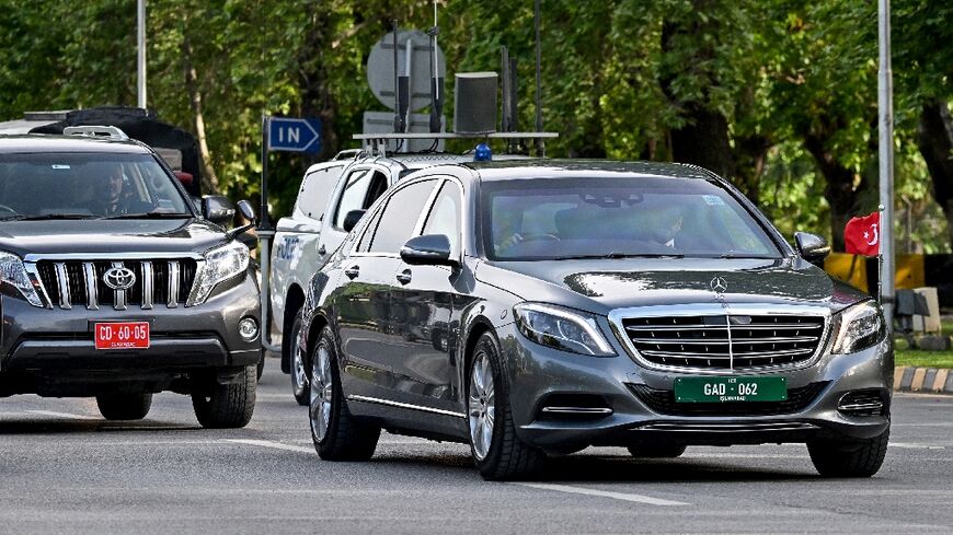 A motorcade of Turkey's Foreign Minister Hakan Fidan arrives at Pakistan's foreign ministry in Islamabad