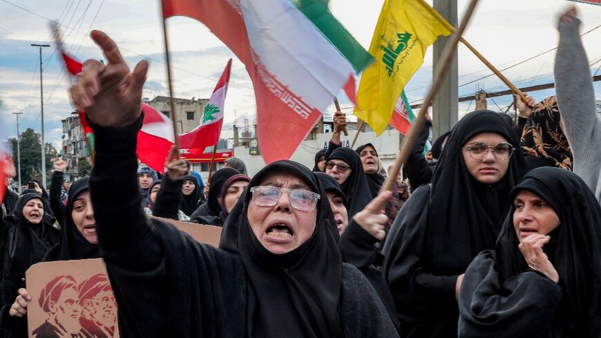 Women demonstrators at a pro-Hezbollah rally outside the Iranian embassy in Beirut