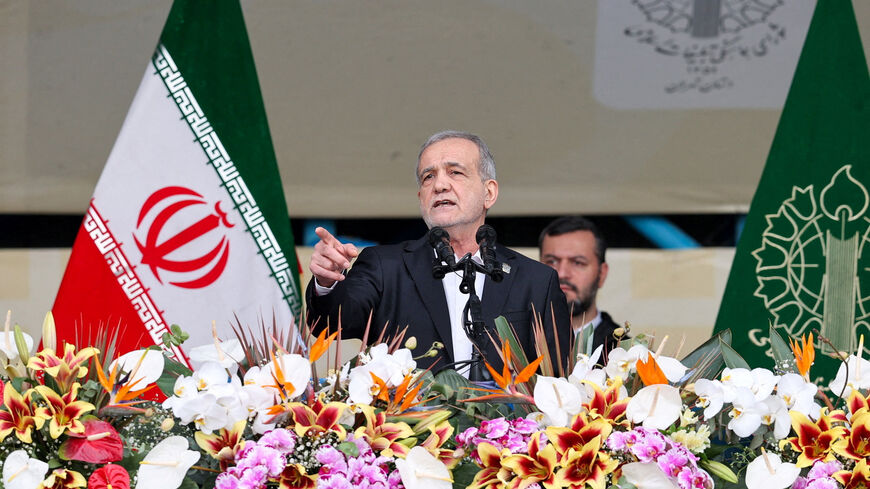 Iranian President Masoud Pezeshkian speaks during the 47th anniversary of the Islamic Revolution in Tehran, Iran, February 11, 2026. Iran's Presidential website/WANA (West Asia News Agency)/Handout via REUTERS