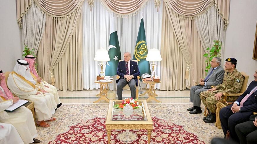Pakistan's Prime Minister Shehbaz Sharif along with Pakistan's Chief of Army Staff (COAS) Asim Munir during the meeting with Saudi Arabia Finance Minister Mohammed Al-Jadaan as Pakistan prepares to host the U.S. and Iran for peace talks, in Islamabad, Pakistan April 10, 2026. Press Information Department (PID)/Handout via REUTERS