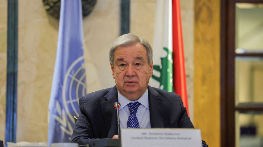 FILE PHOTO: United Nations Secretary-General Antonio Guterres speaks during a press conference, following an escalation between Hezbollah and Israel amid the U.S.-Israeli conflict with Iran, in Beirut, Lebanon, March 14, 2026. REUTERS/Mohamed Azakir/File Photo