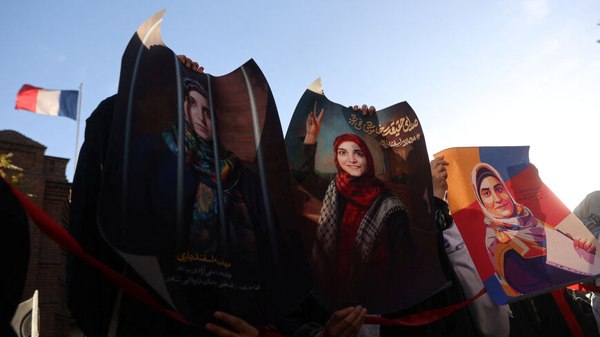 A group of students attend a gathering in support of an Iranian student prisoner in France, Mahdieh Esfandiari, in front of the French embassy in Tehran, Iran, October 21, 2025. Majid Asgaripour/WANA (West Asia News Agency) via REUTERS