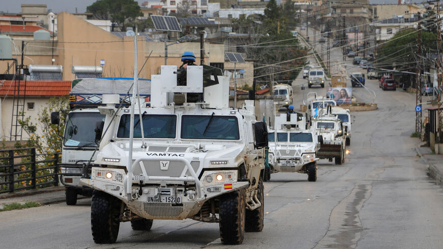 UNIFIL vehicles drive on a main road in Qlayaa, amid escalating hostilities between Israel and Hezbollah, as the U.S.-Israel conflict with Iran continues, in Qlayaa, southern Lebanon, March 27, 2026. REUTERS/Karamallah Daher