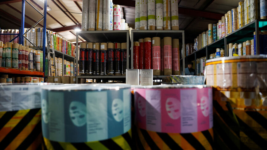 Printed pouches for facial masks that have yet to be made into finished products are seen stacked at a factory in Pyeongtaek, South Korea, April 8, 2026. REUTERS/Kim Soo-hyeon