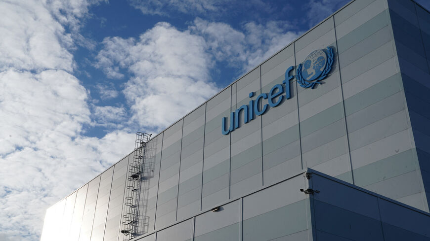 FILE PHOTO: A view shows the logo on the exterior of UNICEF's humanitarian warehouse in Copenhagen, Denmark, November 15, 2023. REUTERS/Tom Little/ File Photo