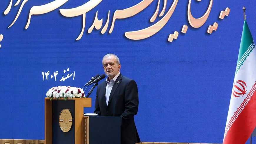 Iranian President Masoud Pezeshkian speaks during a meeting in Tehran, Iran, February 21, 2026. Iran's Presidential website/WANA (West Asia News Agency)/Handout via REUTERS