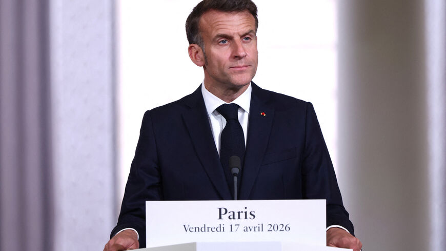 French President Emmanuel Macron attends a press conference after the multinational virtual summit at the Elysee Presidential Palace in Paris, France, April 17, 2026. Tom Nicholson/Pool via REUTERS