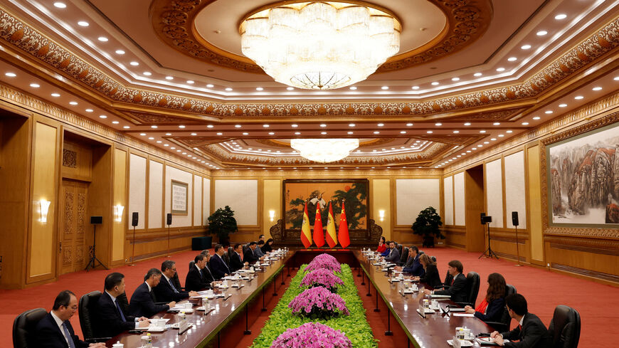 China's President Xi Jinping and Spain's Prime Minister Pedro Sanchez attend a meeting at the Great Hall of the People in Beijing on April 14, 2026. Haruna Furuhashi/Pool via REUTERS