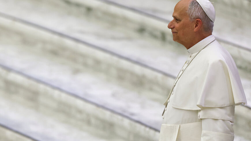 Pope Leo XIV looks on as he meets with Catholic religious education teachers attending a national meeting organised by the Italian Bishops’ Conference (CEI), in the Paul VI Hall at the Vatican, April 25, 2026. REUTERS/Yara Nardi