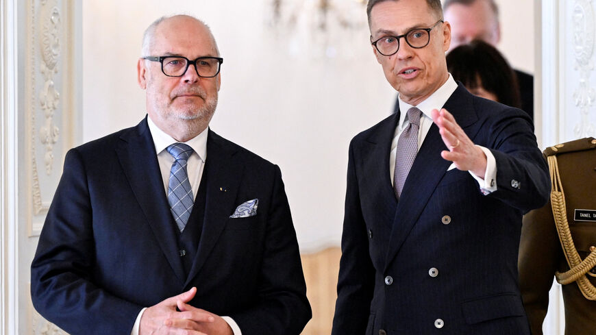 Estonia's President Alar Karis and Finland's President Alexander Stubb during the delegation meeting of the state visit of the Estonian presidential couple in the Presidential Palace in Helsinki, Finland, April 28, 2026. Lehtikuva/Emmi Korhonen/via REUTERS