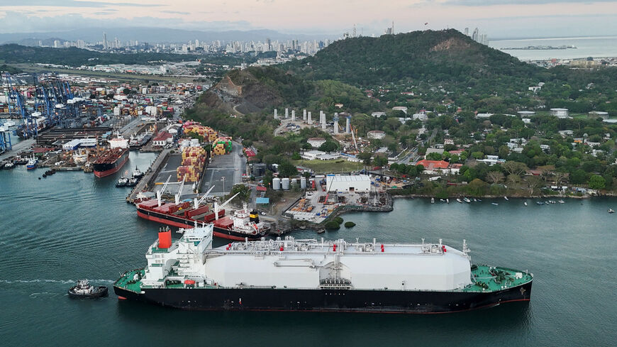 A drone view shows the Bahamas‑flagged LNG tanker Nohshu Maru sailing through the Panama Canal as it operates at top capacity, with the war in Iran boosting demand from owners and operators of liquefied natural gas vessels, in Panama City, Panama, March 24, 2026. REUTERS/Enea Lebrun
