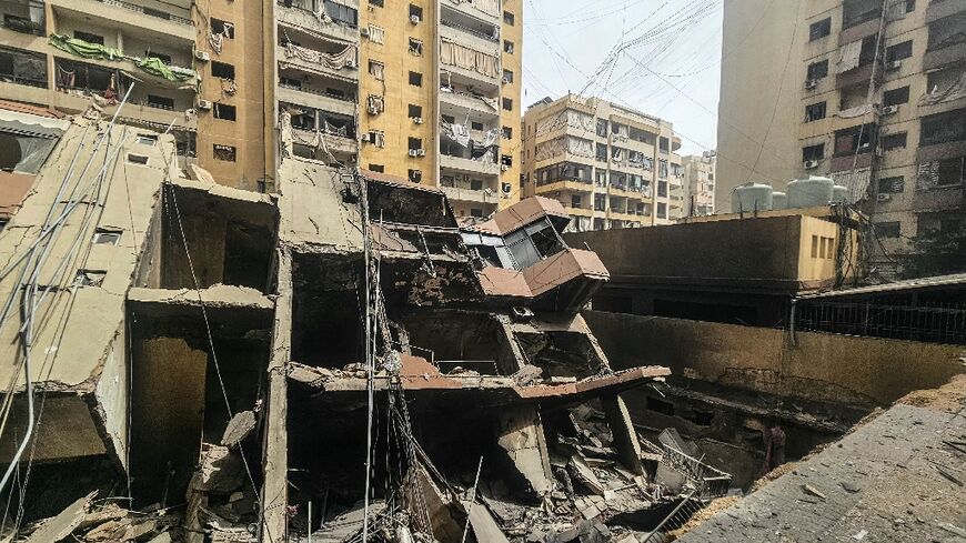 A collapsed building at the site of an Israeli airstrike in the Haret Hreik neighbourhood of Beirut’s southern suburbs