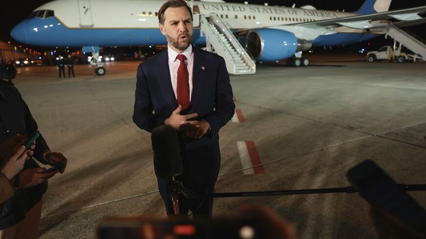 US Vice President JD Vance speaks to the media before boarding Air Force Two in Budapest