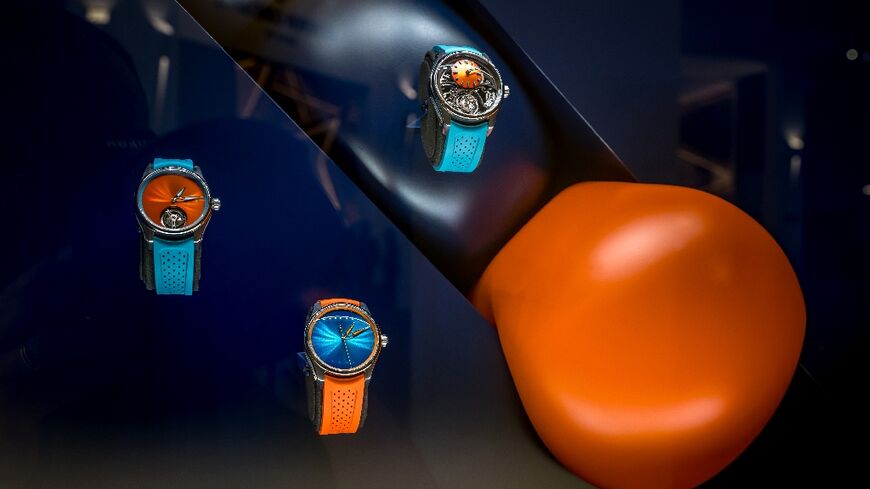 Watches displayed at the stand of Swiss manufacturer H. Moser & Cie at the Watches and Wonders salon in Geneva