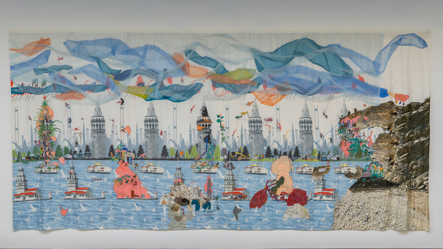 Gozde Ilkin’s “Bosphorus Tour,” embroidery and paint on fabric (Firat Ruzgar/ Arter)