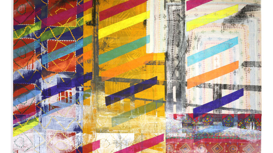 Shezad Dawood, "Anselm Chapel," Tokyo. 2016. Acrylic on vintage textile. (Jhaveri Contemporary)
