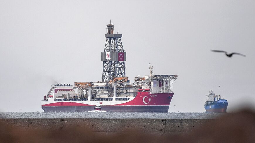 This picture taken on Oct. 19, 2020 in Istanbul shows Turkey's third drilling ship 'Kanuni' as it enters the bosphorus near Haydarpasa port.