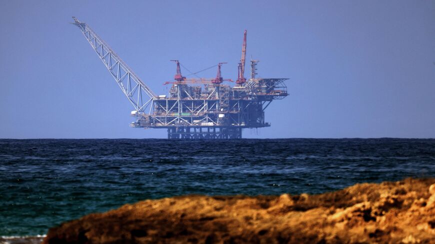 A view of the platform of the Leviathan natural gas field in the Mediterranean Sea is pictured from the Israeli northern coastal beach of Nasholim, on Aug. 29, 2022. 