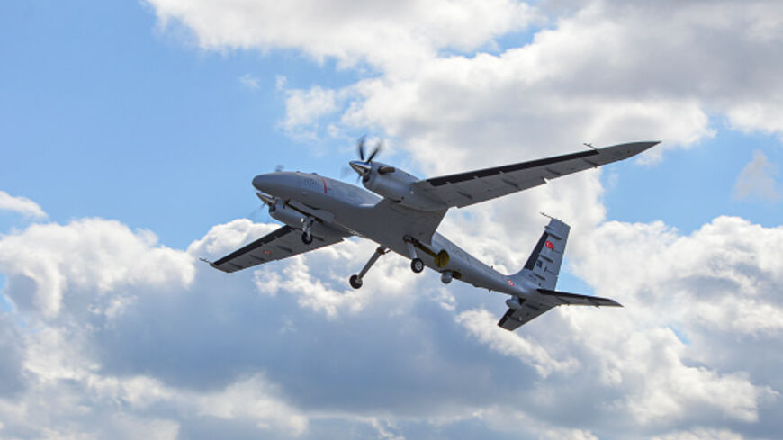 CORLU, TURKEY- MARCH 2: A B model of Bayraktar AKINCI TİHA (Assault Unmanned Aerial Vehicle) in the sky on March 2, 2022 in Corlu, Turkey. (Photo by Baykar Press Office/dia images via Getty Images)
