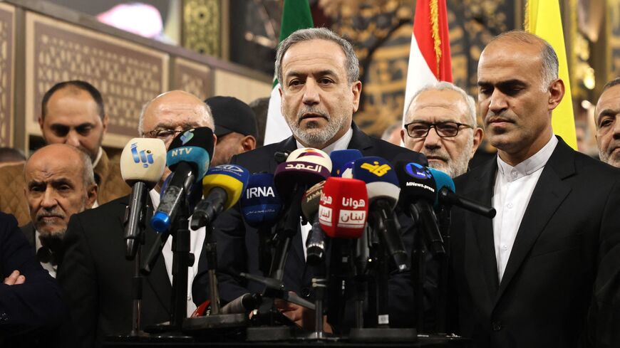 Iranian Foreign Minister Abbas Araghchi speaks to the press during a visit to the shrine of slain Hezbollah leader Hassan Nasrallah in Beirut's southern suburbs on Jan. 8, 2026. 