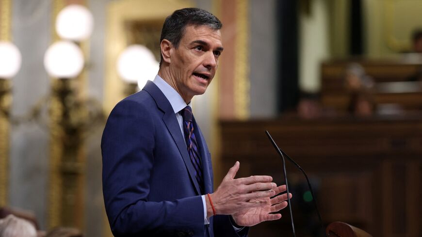 Spain's prime minister, Pedro Sanchez, addresses parliament over the war in the Middle East at the congress in Madrid on March 25, 2026.