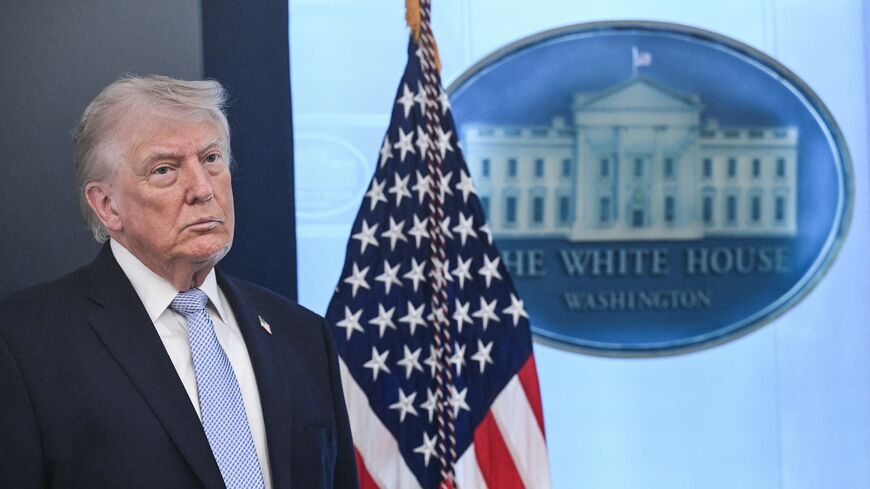 US President Donald Trump looks on during a press conference about the conflict in Iran in the James S. Brady Press Briefing Room of the White House, on April 6, 2026, in Washington.
