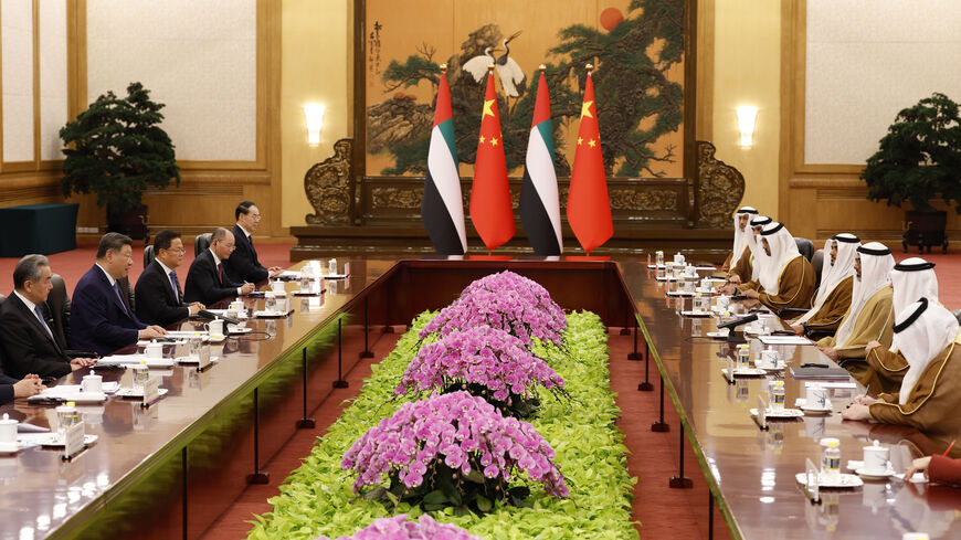 : China's President Xi Jinping (2nd L) and Sheikh Khaled bin Mohamed bin Zayed Al Nahyan, Crown Prince of Abu Dhabi, United Arab Emirates (3rd R), attend a meeting at the Great Hall of the People on April 14, 2026 in Beijing, China. (Photo by Haruna Furuhashi - Pool/Getty Images)