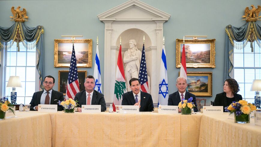US Secretary of State Marco Rubio (C), alongside US State Department Counselor Michael Needham (2L) and US Ambassador to Lebanon Michel Issa (2R), speaks during a meeting.