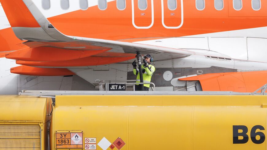 Refueling trucks are seen at Southend Airport on April 17, 2026, in Southend, England. 