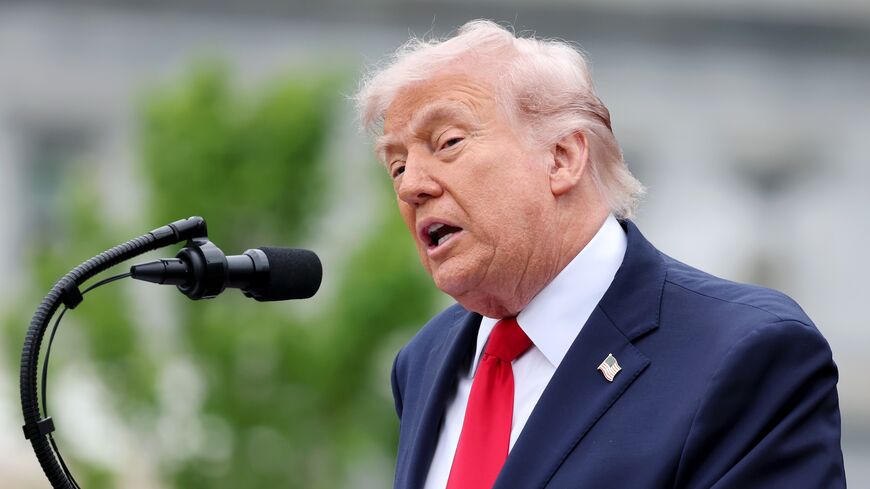 President Donald Trump gives a speech during the State Arrival Ceremony on the South Lawn on April 28, 2026, in Washington. 
