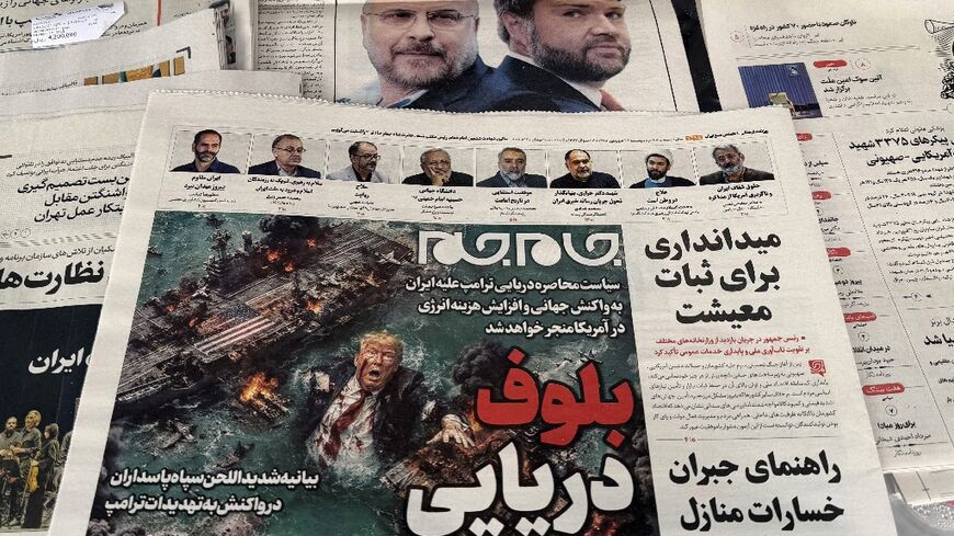 An Iranian newspaper featured a cartoon of US President Donald Trump drowning in the Strait of Hormuz with the headline 'Marine Bluff'