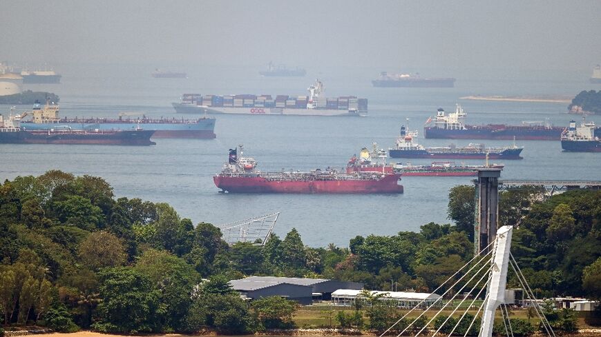 A container ship sails past oil tankers anchored in Singapore